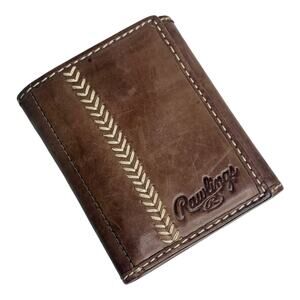 Rawling Leather Wallet Men Baseball Stitch Bases Loaded Tri Fold Brown Calfskin